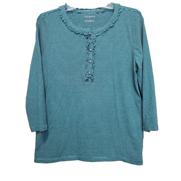 Talbots Cotton Green Striped Ruffle Neck 3/4 Sleeve Top Size Large - Picture 1 of 6